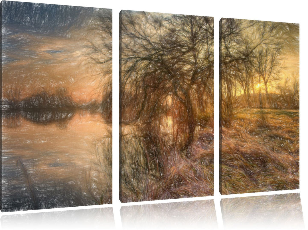 Pixxprint herbstliche Landschaft im Morgengrauen Kunst Buntstift Effekt 3-Teiler Leinwandbild 120x80