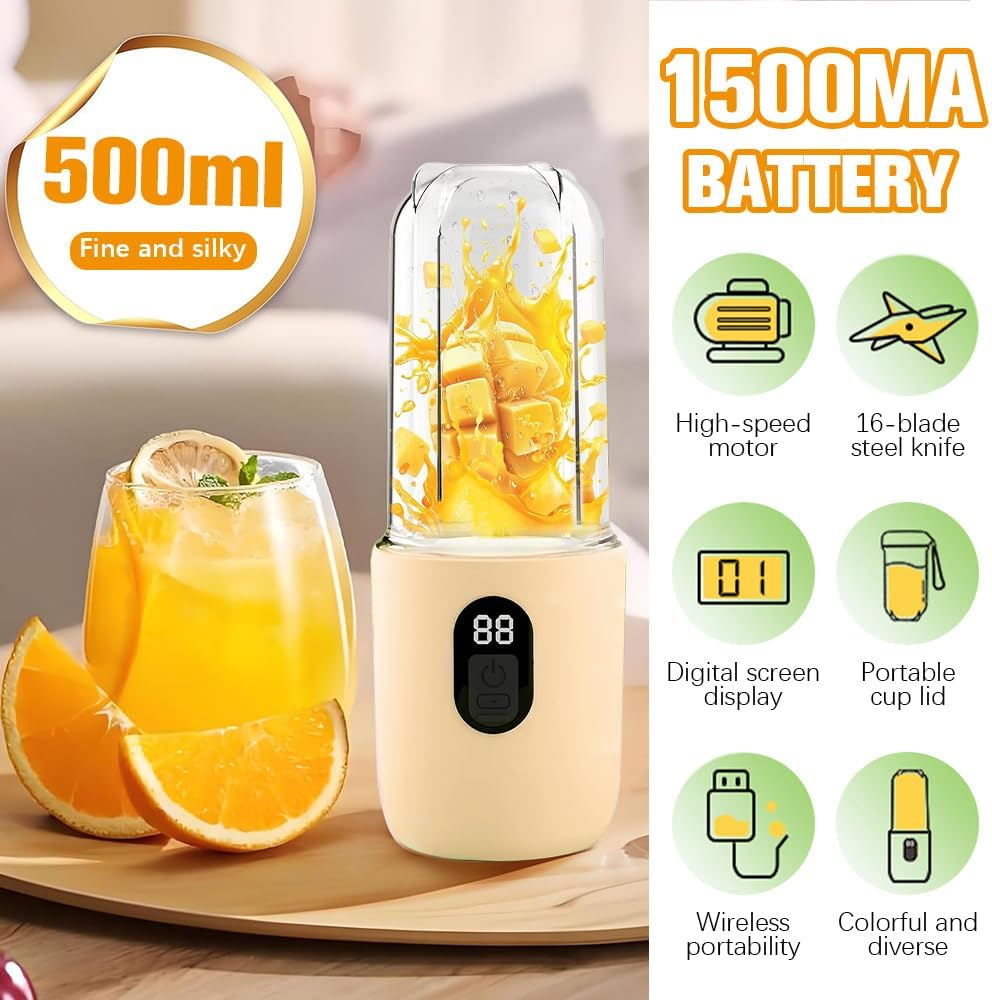 BIZO Tragbarer Mixer Smoothie Maker, 500 ml Mixer Smoothie Maker to Go mit Digitalanzeige, 16-Blatt,