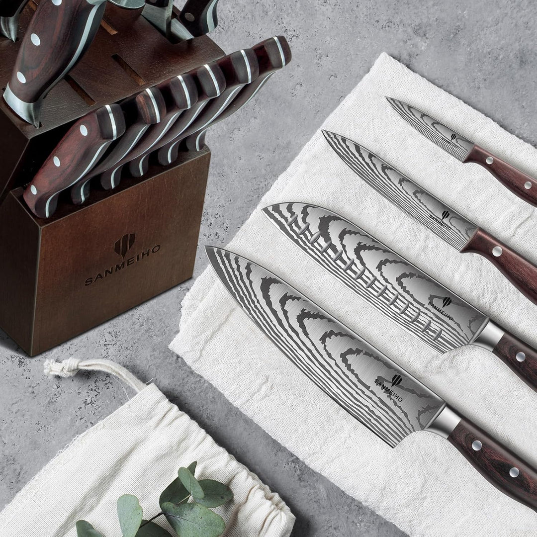 Messerset 16 teilig, Japanisches Küchenmesser Set mit Block, Ultrascharfes Messerset für die Küche m