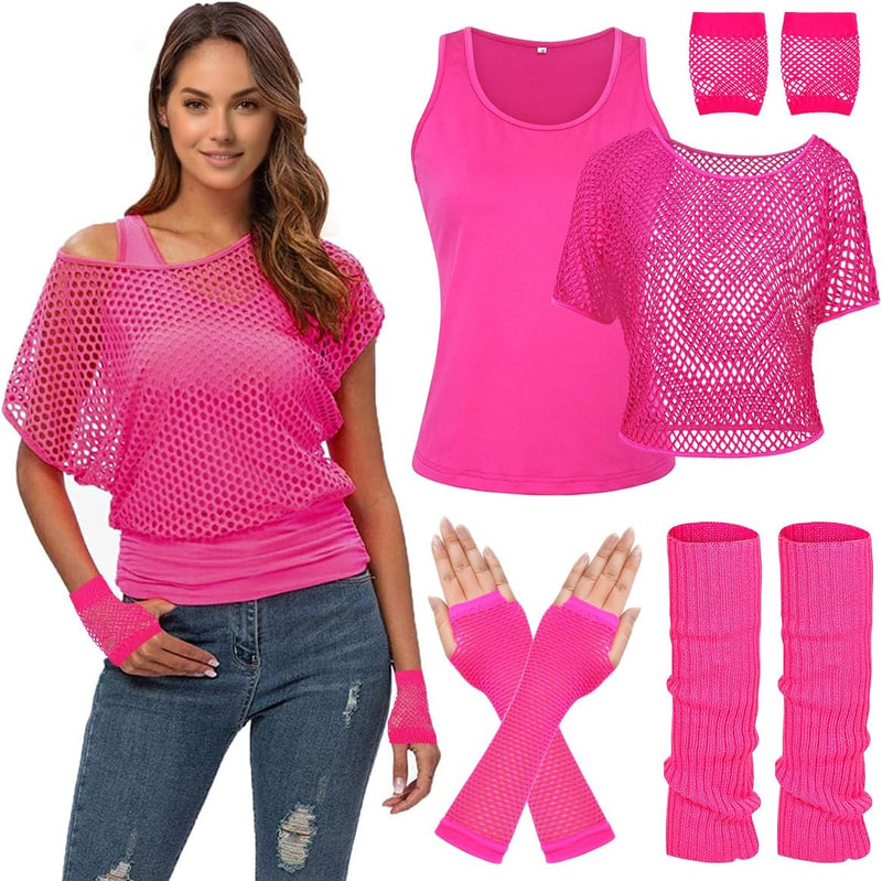 WILDPARTY 80er 90er Jahre Outfit Damen, Netzshirt, Tank top, Beinwärmer, Netzhandschuhe, Kostüm 80er