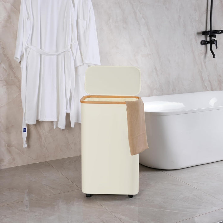 efluky Wäschekorb mit Rollen, 75L Faltbarer Wäschekorb mit Deckel, Beige Schlanker Wäschebehälter mi