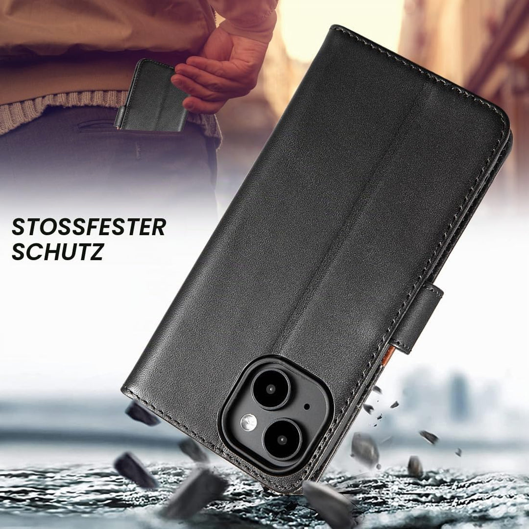 LENSUN Echtleder Hülle für iPhone 15, Handyhülle [Echtes Leder][Magnetverschluss][RFID Schutz] Handy