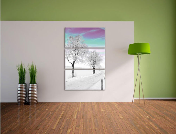 Pixxprint verschneiter Baum in Winterlandschaft als Leinwandbild/Grösse: 3 Teilig (120x80) cm/Wandbi