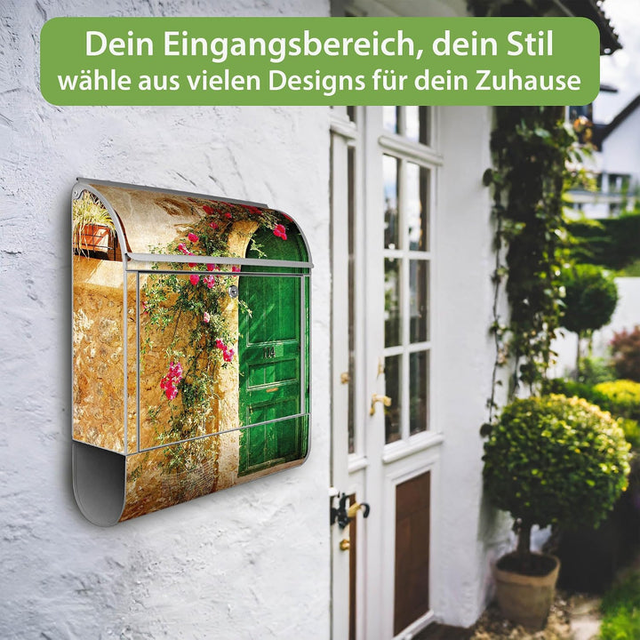 banjado® Design Briefkasten mit Motiv Ferienhaus 39x47x14cm &amp; 2 Schlüssel - Briefkasten Stahl Silber