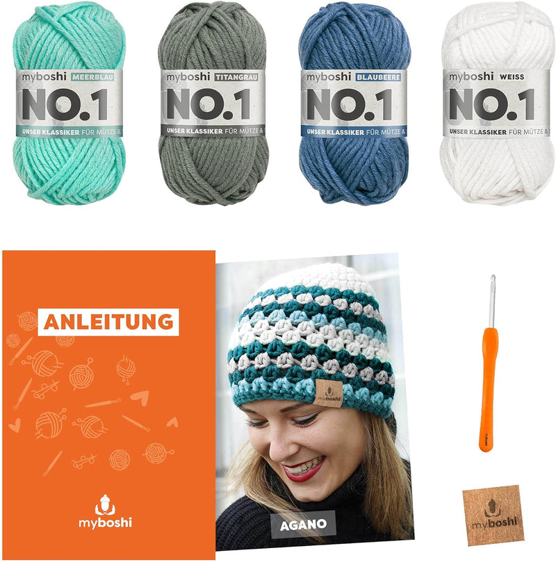 myboshi Häkelset Mütze Agano, inkl. No.1 Wolle, Nadel und Anleitung, für Mützen und Schals, Häkelpak
