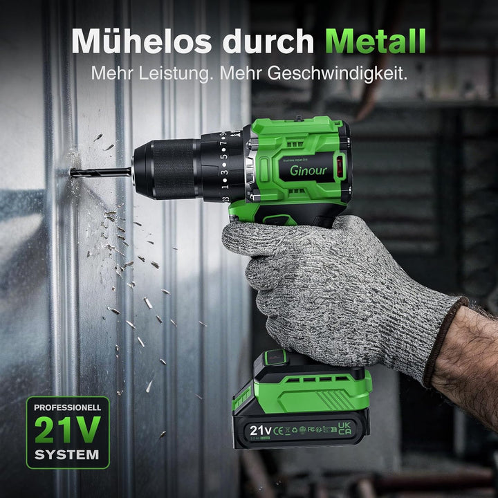 Ginour 21V Bürstenlos Akku Schlagbohrschrauber Set, 50 Nm, 1x2Ah Akku, kompatibel mit Makita 18V Akk