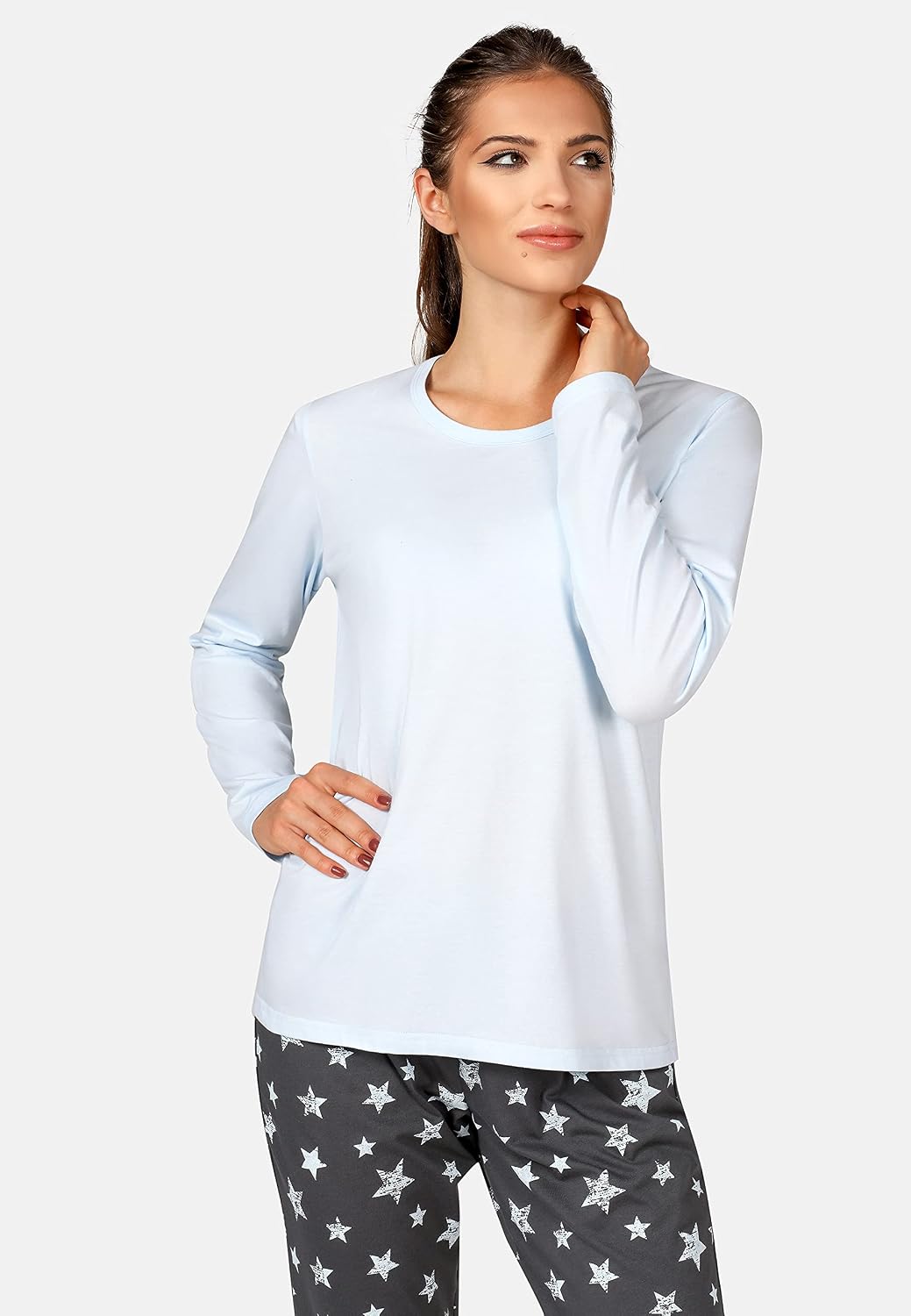 Bellivalini Damen Schlafanzug lang Pyjama Langarm Lange Hose Muster Sterne BLV50-167 M Blau Graphite