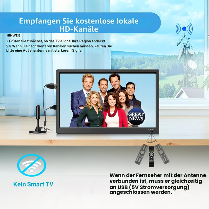 KCR Tragbarer Digitalfernseher, 12 V DVB-T2 TV, HDMI/AV/USB-Eingänge, Fernbedienung, 12 V Kfz-Ladege