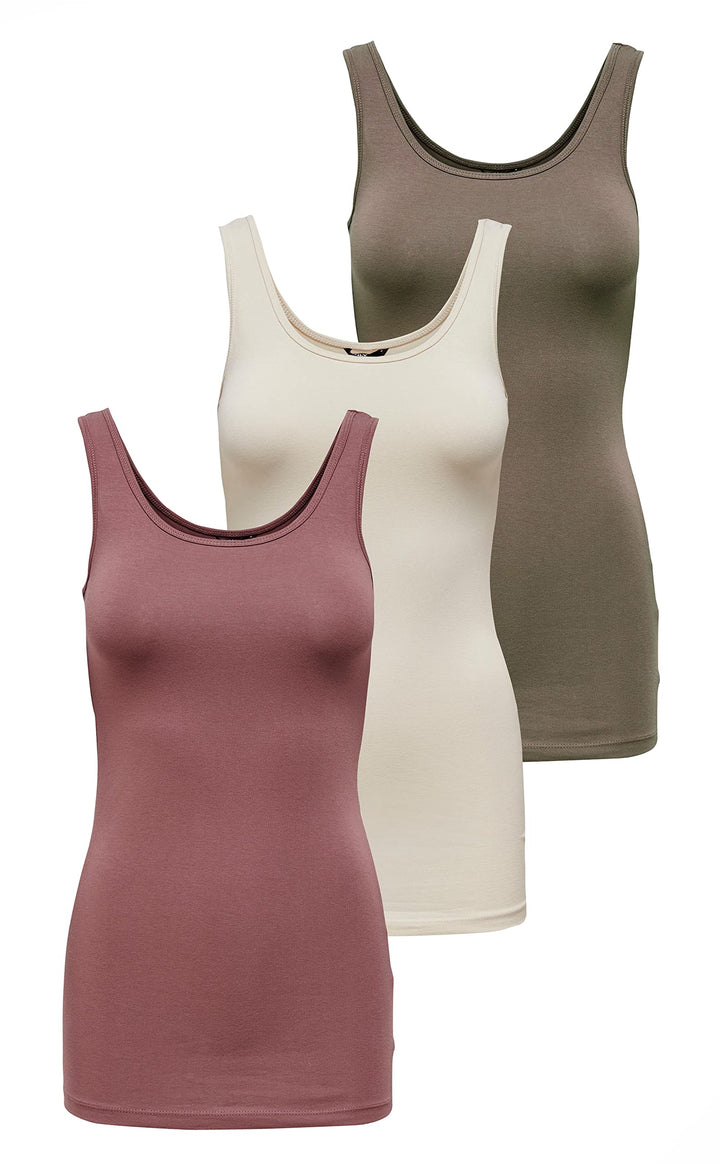ONLY 3er Pack Damen Oberteile Basic Tank Tops weiss, schwarz, grau, blau, Creme Frauen Shirt lang So