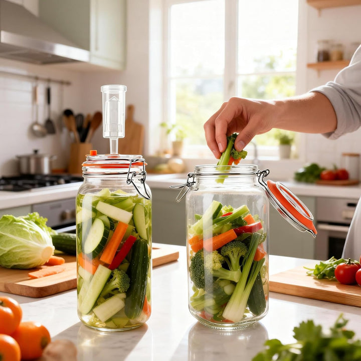 2 Stück 2L Fermentierglas Fermentationsglas mit Gärventi &amp; Gewicht Kimchi Behälter mit Luftschleuse