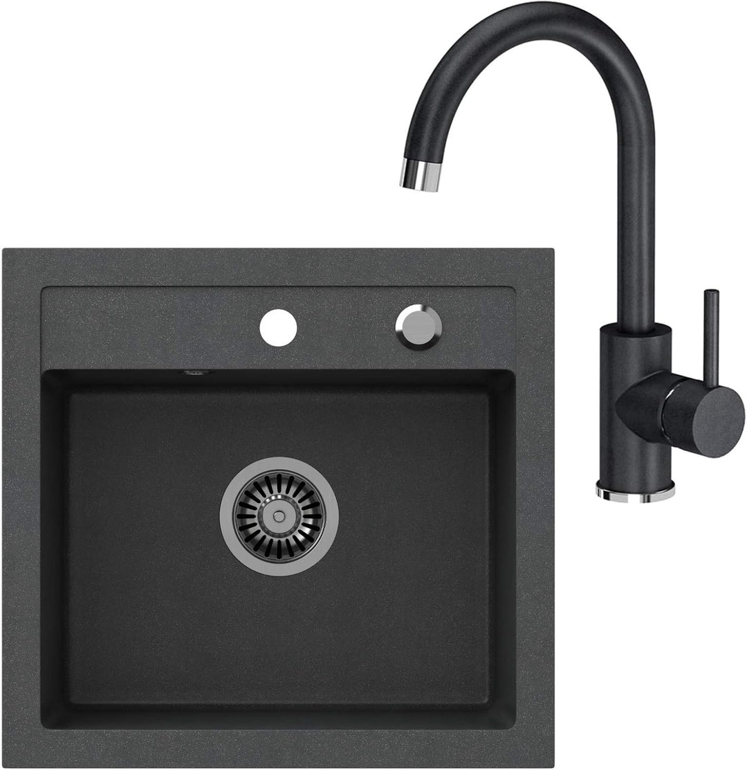 VBChome Spülbecken + Armatur 50 x 47 cm Schwarz Spüle Einzelbecken Küche Einbauspüle Verbundspüle Kü