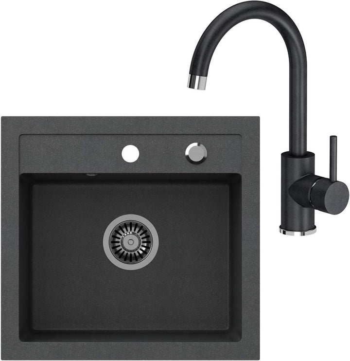 VBChome Spülbecken + Armatur 50 x 47 cm Schwarz Spüle Einzelbecken Küche Einbauspüle Verbundspüle Kü