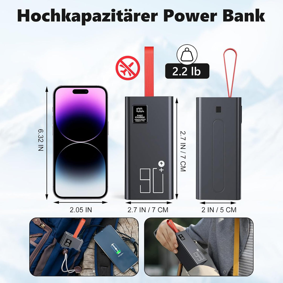 90000mAh Power Bank, 22.5W Schnellladung USB C Powerbank, 5 Ausgängen &amp; 2 Eingängen Grosse Kapazität