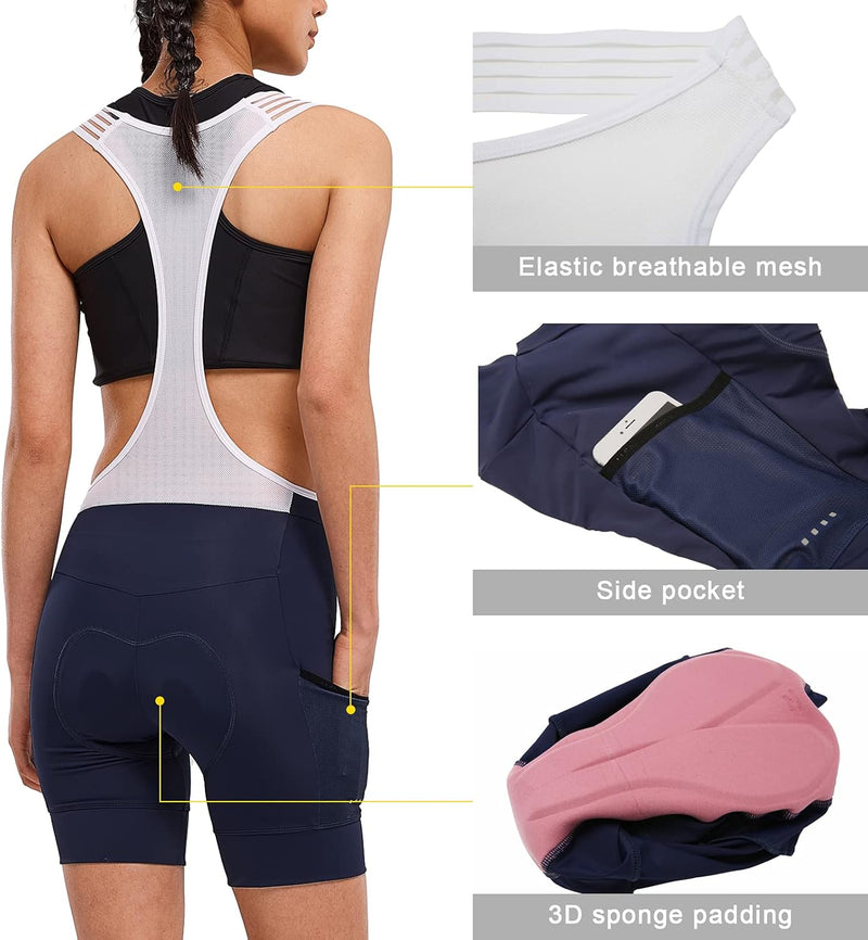 Fahrradhose Damen Lang mit Träger Fahrrad Trägerhose Gepolstert Radhose Lang mit Träger mit Taschen,