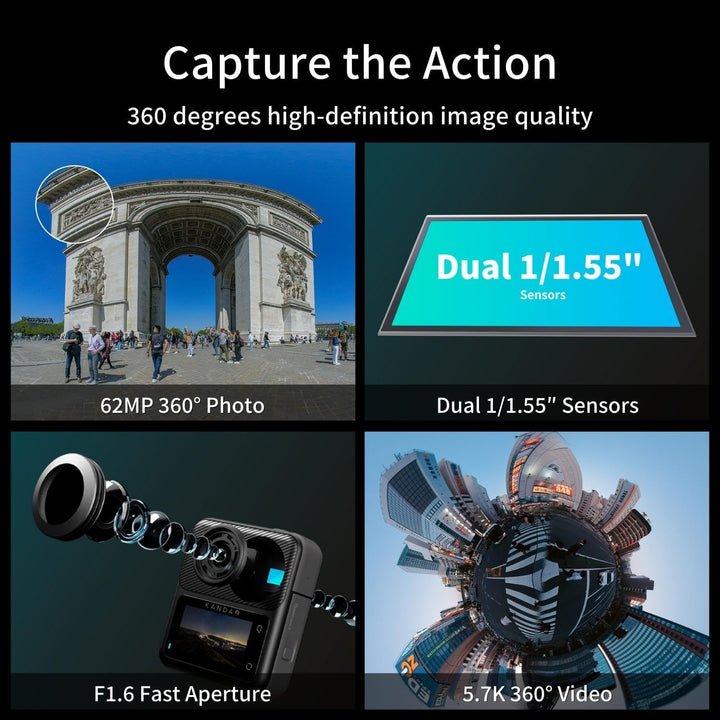 KanDao QooCam 3 Action Kamera, Motorrad Combo, 5.7K 62MP Foto 60fps Flawless 360 Video Kamera, Dual