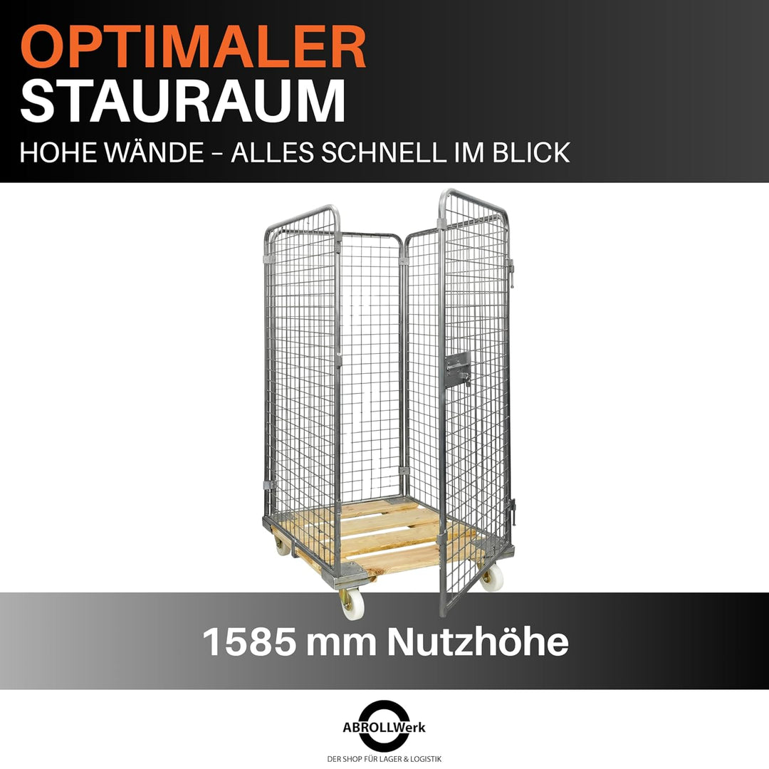 Drahtgitterbehälter mit Holz-Rollplatte – 4-seitiger Gitterwagen mit 1585 mm Nutzhöhe – Robuster Rol