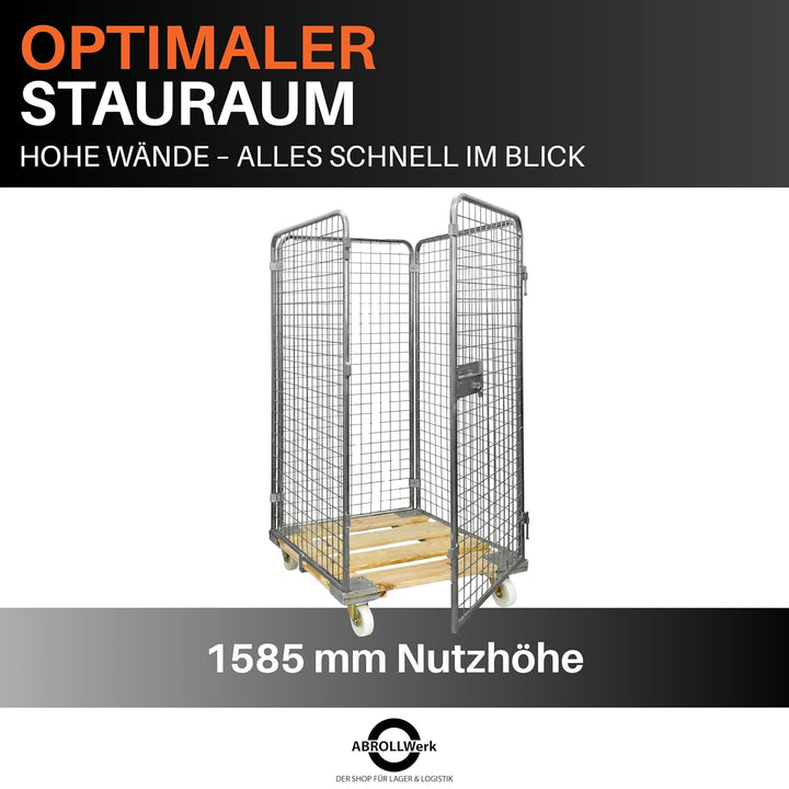 Drahtgitterbehälter mit Holz-Rollplatte – 4-seitiger Gitterwagen mit 1585 mm Nutzhöhe – Robuster Rol