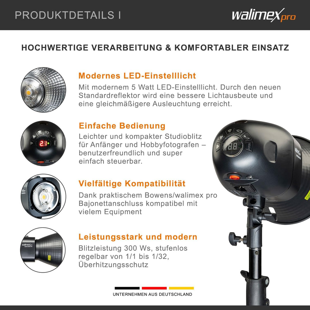 Walimex pro Newcomer 300 II Set Single - 300 Ws Blitzleistung, auslösen per Funk 2,4GHz, LED-Einstel