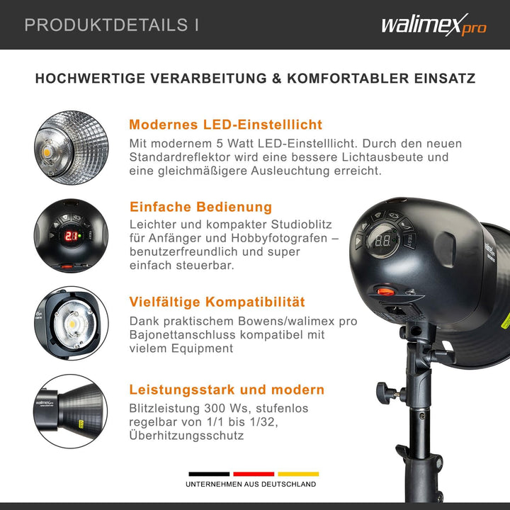 Walimex pro Newcomer 300 II Set Single - 300 Ws Blitzleistung, auslösen per Funk 2,4GHz, LED-Einstel
