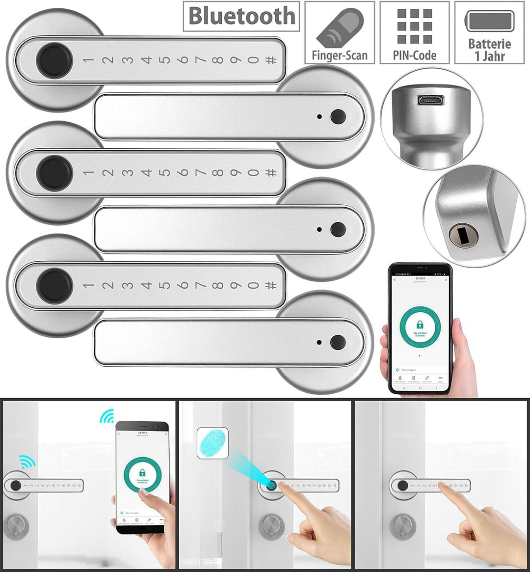VisorTech Türbeschlag Fingerprint: 3er-Set Sicherheits-Türbeschläge mit Fingerabdruck-Scanner, PIN &amp;