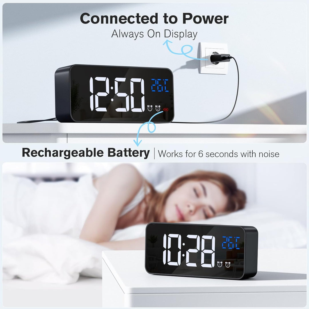 Wecker Digital, LED Digitaluhr mit Temperaturanzeige Tragbarer Spiegelalarm Tischuhr mit 2 Alarmen 1