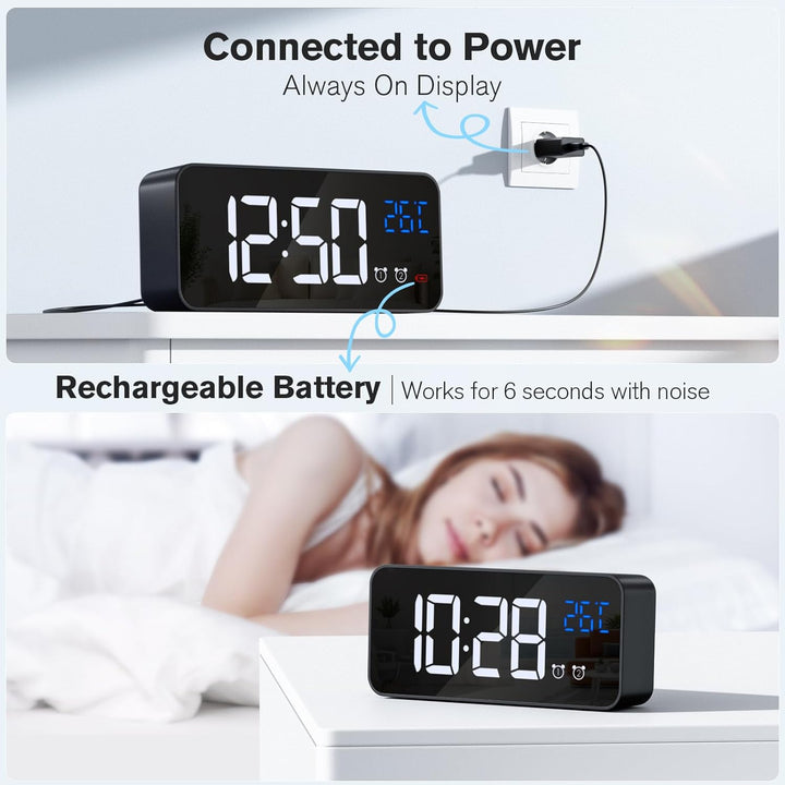 Wecker Digital, LED Digitaluhr mit Temperaturanzeige Tragbarer Spiegelalarm Tischuhr mit 2 Alarmen 1
