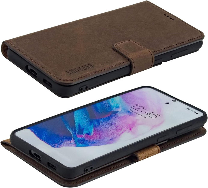 Suncase Book-Style Hülle kompatibel mit Samsung Galaxy S23 5G Leder Tasche (Slim-Fit) Lederhülle Han