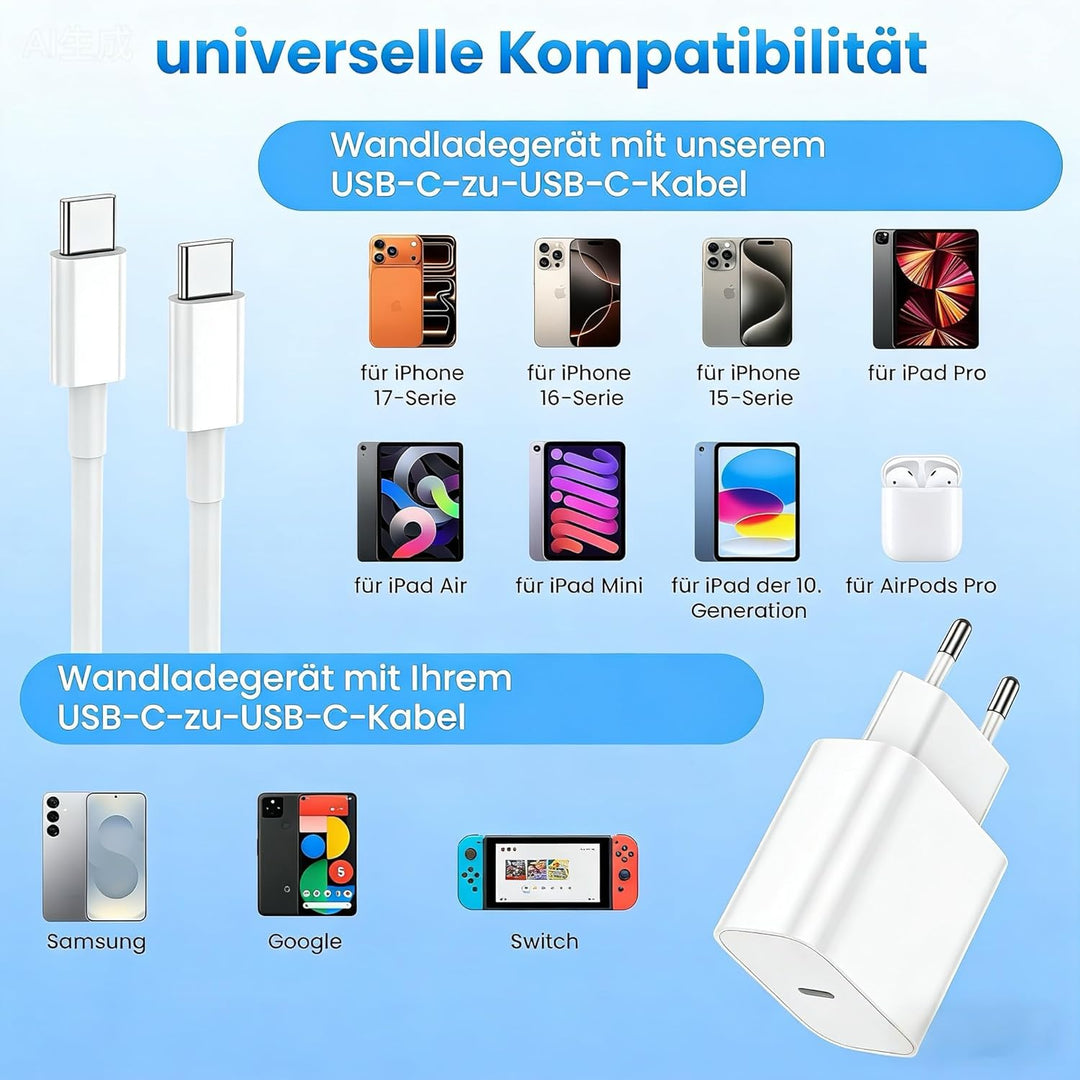 2er Pack 20W USB-C Ladegerät mit 2M+2M USB-C schnellladekabel, Schnellladegerät Für iPhone 17/16/15/