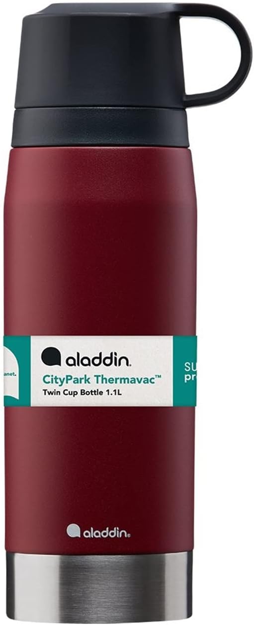Aladdin CityPark Thermavac Twin Cup Bottle 1.1L Burgundy Red – BPA FREE Stainless Steel Bottle with