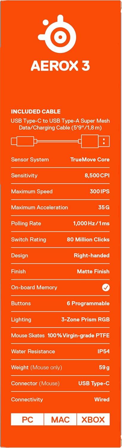 SteelSeries Aerox 3 - RGB Gaming-Mouse mit Öffnungen in der Oberfläche - Federleichtes, wasserabweis