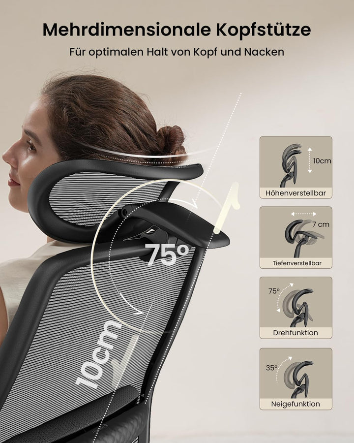 ProtoArc EC200 Bürostuhl Ergonomisch, Schreibtischstuhl mit Höhen- und Tiefenverstellbarer Lendenwir