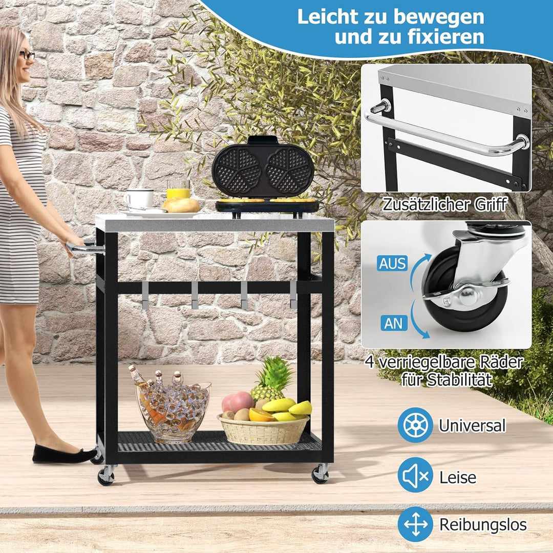 COSTWAY Grillwagen Outdoor, Grilltisch mit 2 Ablagen & 4 Rädern & Griff & 4 Haken, Pizzatisch Beiste