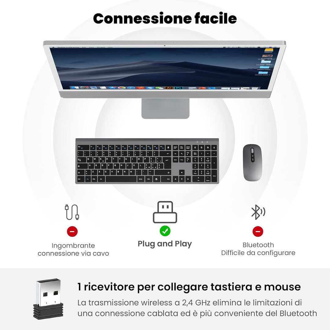 cimetech Kabellose Tastatur und Maus, kabellos, wiederaufladbar, 2,4 G, italienisches QWERTY-Layout,