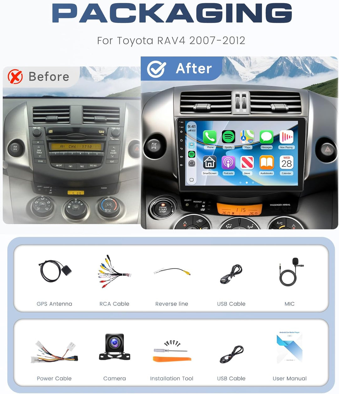 Rimoody 8 Core 6G+128G 9" Autoradio Android für Toyota RAV4 2007-2012 mit Carplay Wireless Android A
