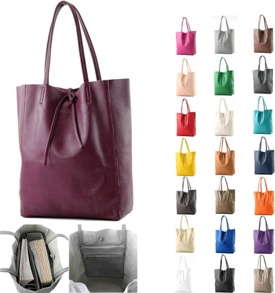 modamoda de - T163 - Ital. Shopper Large mit Innentasche aus Leder, Silber-metallic