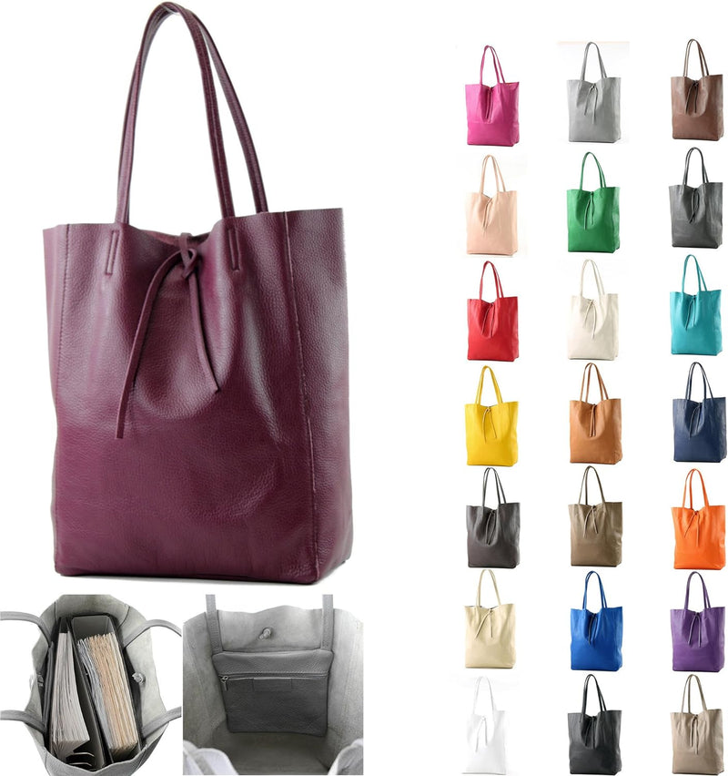 modamoda de - T163 - Ital. Shopper Large mit Innentasche aus Leder, Silber-metallic