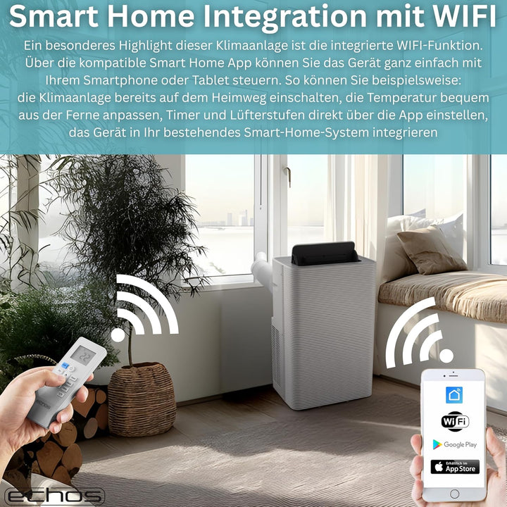 Echos® Mobile Klimaanlage 12.000 BTU mit Abluftschlauch WiFi & Fensterabdichtung Mobiles Klimagerät
