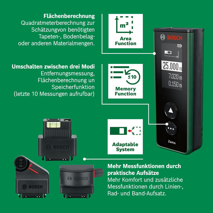 Bosch Laser-Entfernungsmesser Zamo der 4. Generation mit 3 Aufsätzen (einfaches und präzises Messen