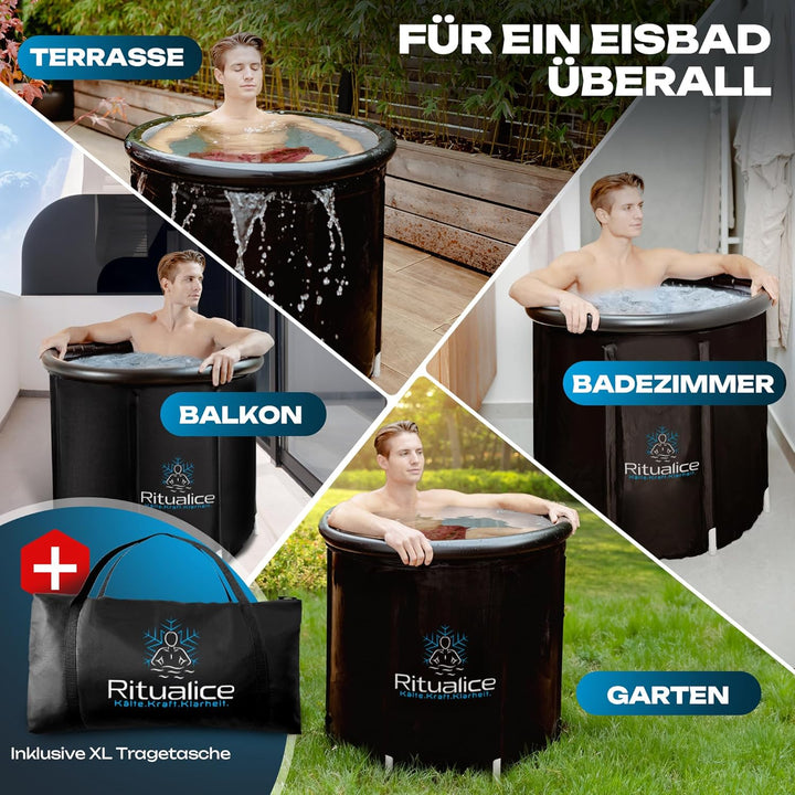 Ritualice® Eisbad (80 cm Ø) XL Komplettset - TESTSIEGER - Eistonne Set mit Deckel, Stoffbezug und XL