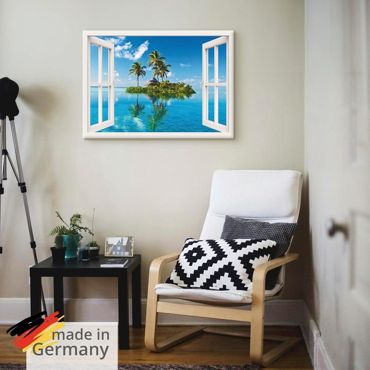 ARTland Leinwandbilder Wandbild Bild auf Leinwand 100x70 cm Fensterblick Fenster Meer Insel Palmen K