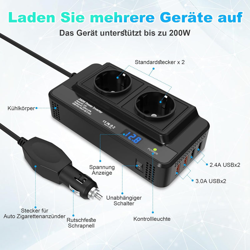 200W Auto Spannungswandler Wechselrichter DC 12V to AC 230V mit 2 Steckdosen und 4 USB Ports Schnell