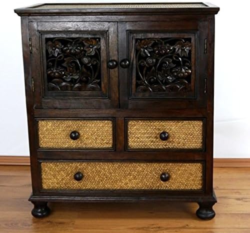 livasia Asiatische Kommode, Nachtschrank aus Holz und Rattan, Highboard, Rattanschrank (Nr.8)