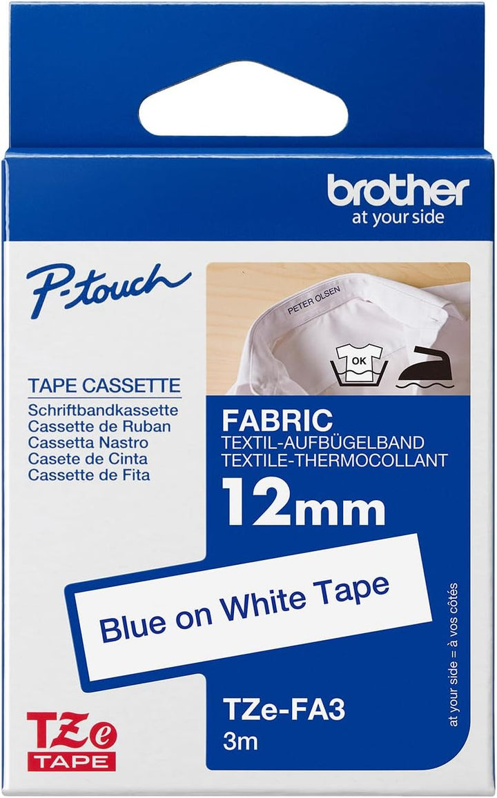 Brother TZe-FA3 P-touch Textil-Aufbügelband (12 mm breit, 3 m lang, blau auf weiss, u.a. für P-touch