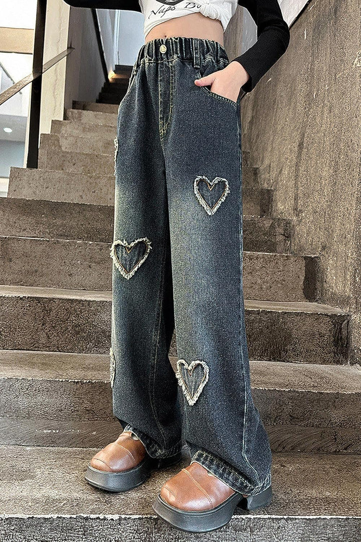 Rolanko Mädchen Jean Hosen Loch Denim Blau Jeans, Vintage Hose mit weitem Bein für Kinder Fit 8-9 Ja