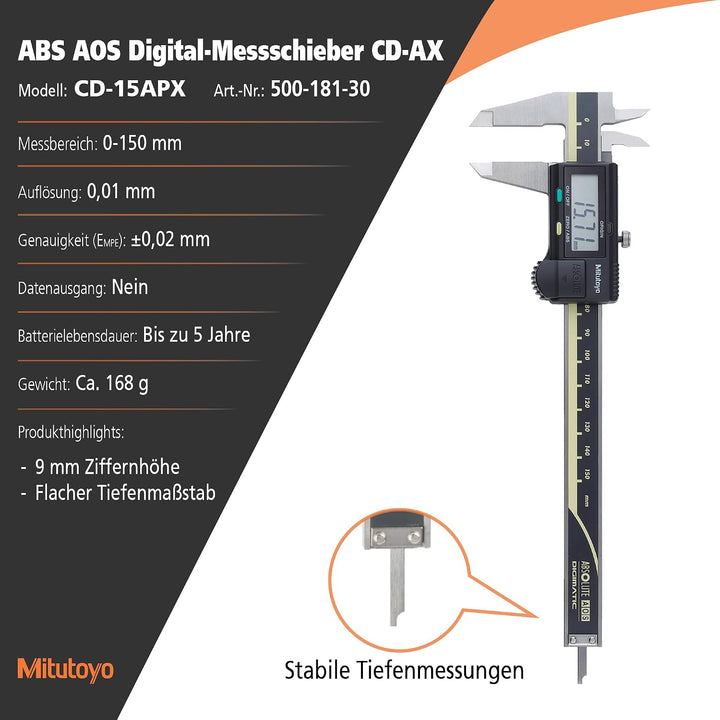 MITUTOYO Digital Messschieber ohne Datenausgang DIN 862, Tiefenmass flach 0-150 mm, 1 Stück,500-181-