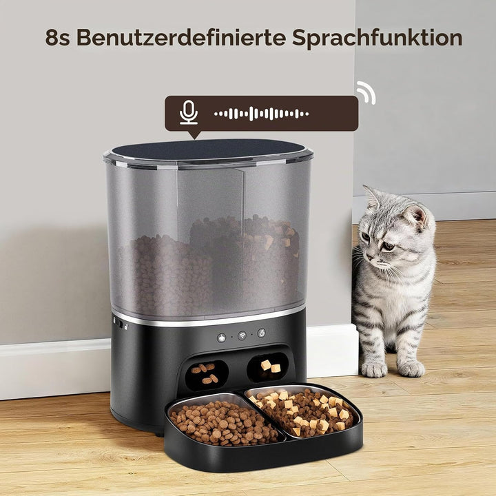 Futterautomat Katze, 2 Näpfe automat Katzenfutter mit APP, 8L Doppel Futterspender Katze, 2.4G WiFi
