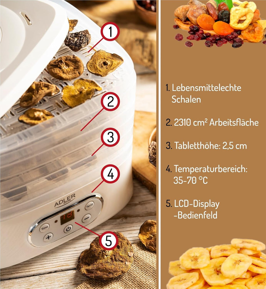 ADLER Küchenminis Dörrautomat, Dörrgerät für Obst, Pilze, Fleisch, Gemüse, Pflanzen, Kräuter & Gewür