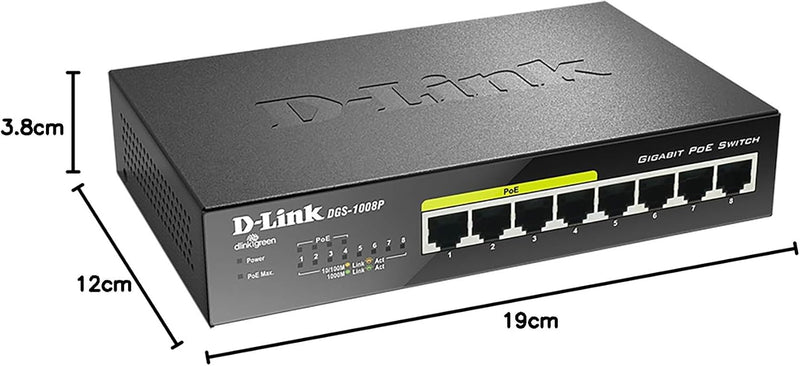D-Link DGS-1008P, 8-Port Unmanaged PoE+ Gigabit Switch (8 Anschlüsse mit 10/100/1000 Mbit/s, 4 davon