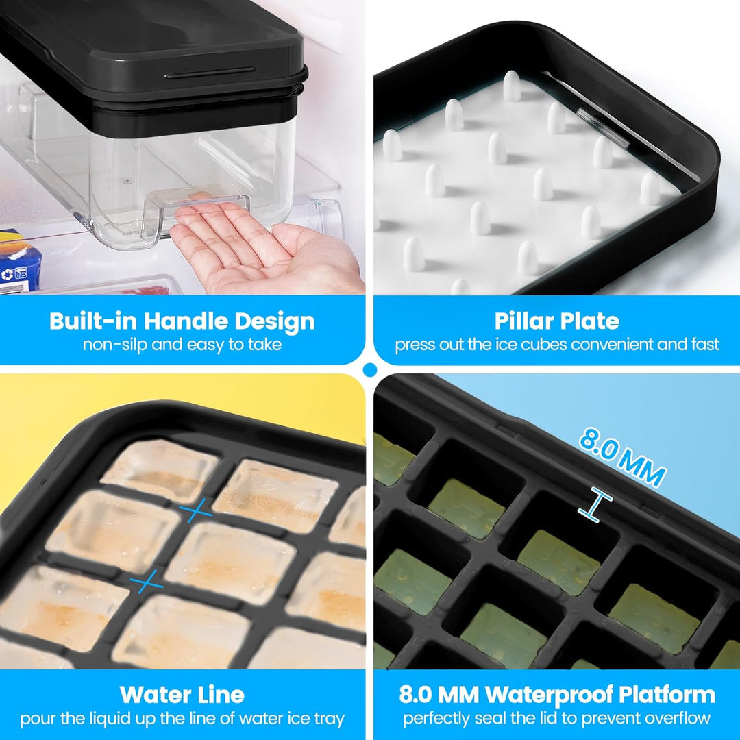 Eiswürfelform mit Deckel und Mülleimer, PHINOX 64 Stück Eiswürfelbehälter für Gefrierschrank, Eiswür