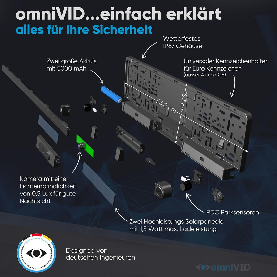 omniVID® Solar6 Premium Solar 5 Zoll Rückfahrkamera-System mit Parksensoren, Kabellos mit 5 Zoll Mon